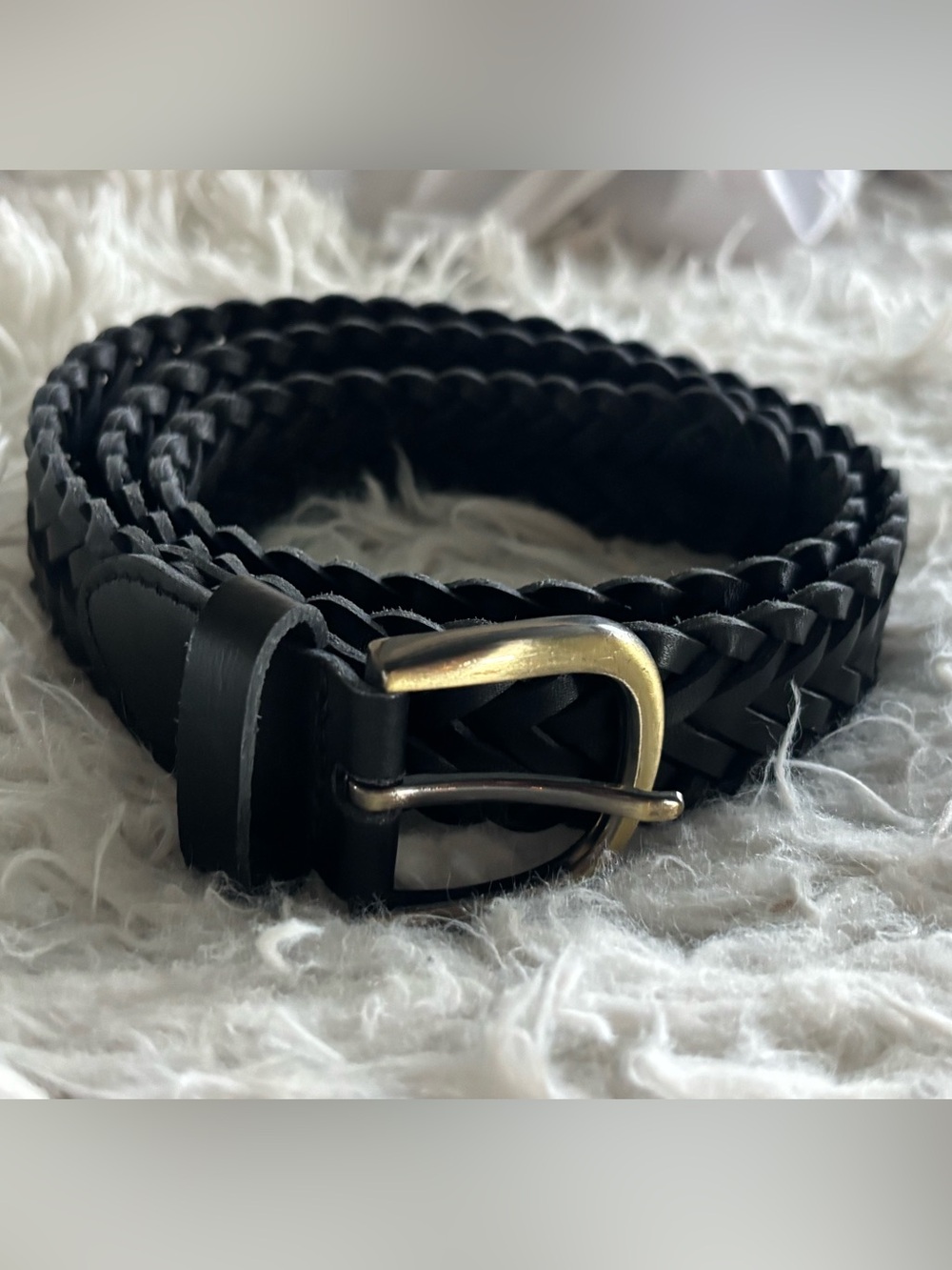 Black Braided Leather Belt with Brass Buckle
